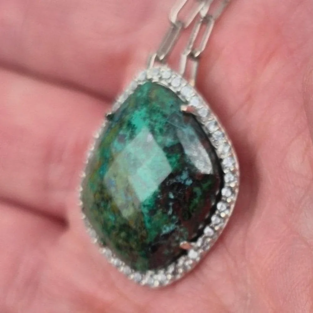 Sterling Silver Green Turquoise Pendant Necklace Removable Paper Clip 20